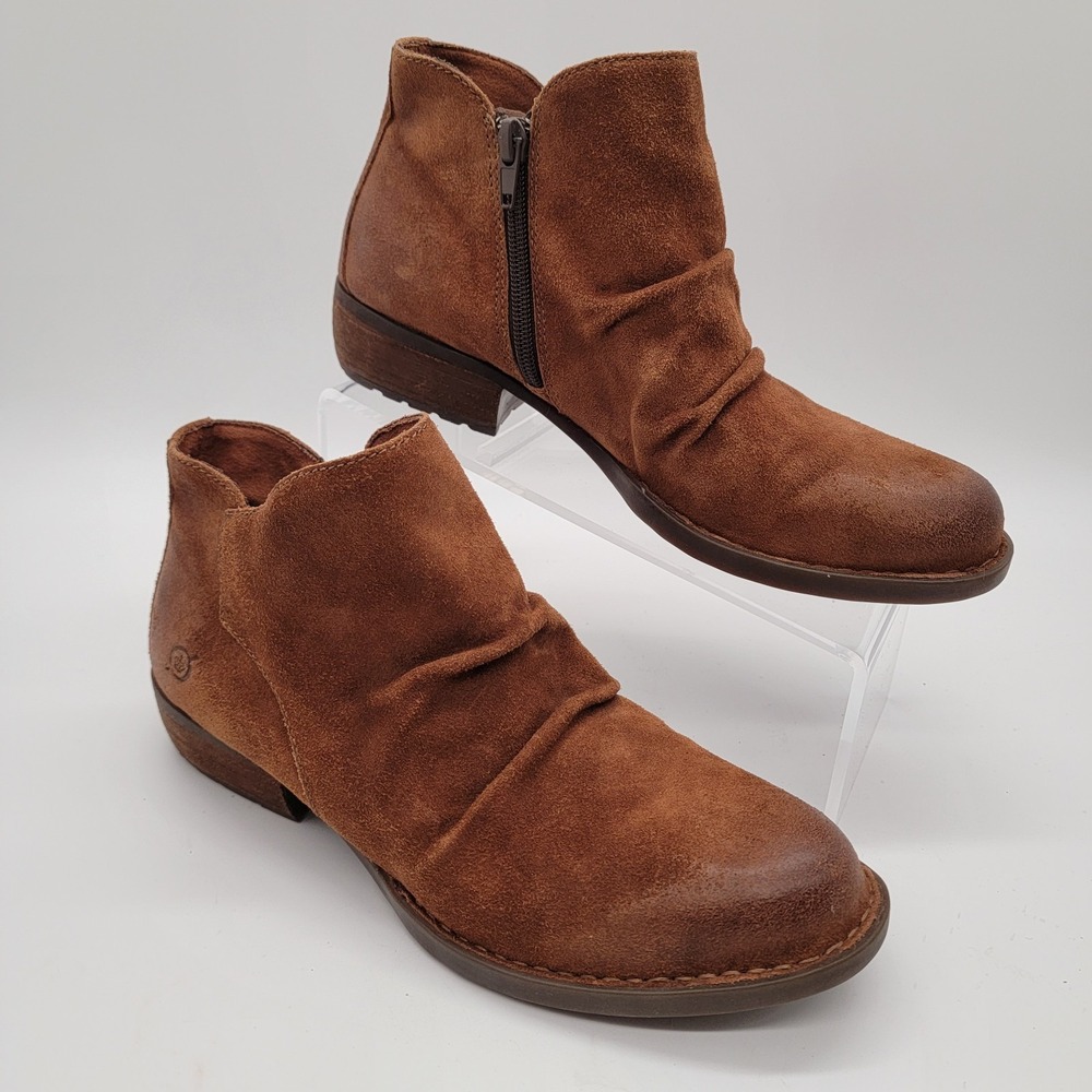 Born Adalee Suede Ankle Booties Women's 8.5M Cognac Brown Side Zip